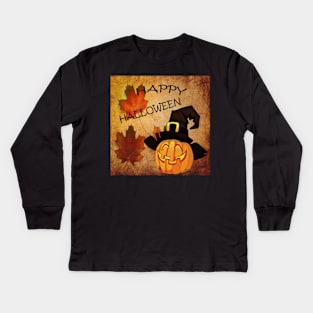 Happy Halloween, Pumpkin, Jack-O-lantern, Witches Hat, Fall Leaves Kids Long Sleeve T-Shirt